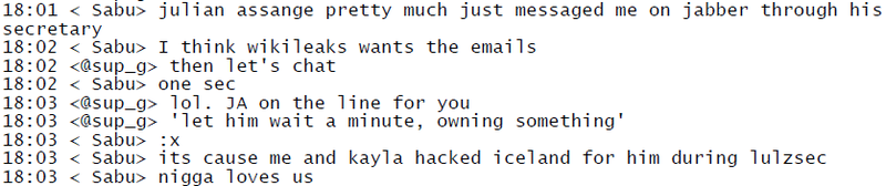 Hector Monsegur, aka “Sabu,” telling Hammond and other AntiSec hackers that he and “Kayla,” a LulzSec hacker later revealed to be South Yorkshire (U.K.) resident Ryan Ackroyd, hacked the Icelandic government on WikiLeaks’ behalf, on December 26, 2011.